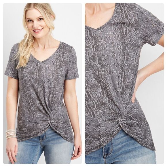 Maurice’s 24/7 snakeskin print knot hem backstage tee - Picture 1 of 8